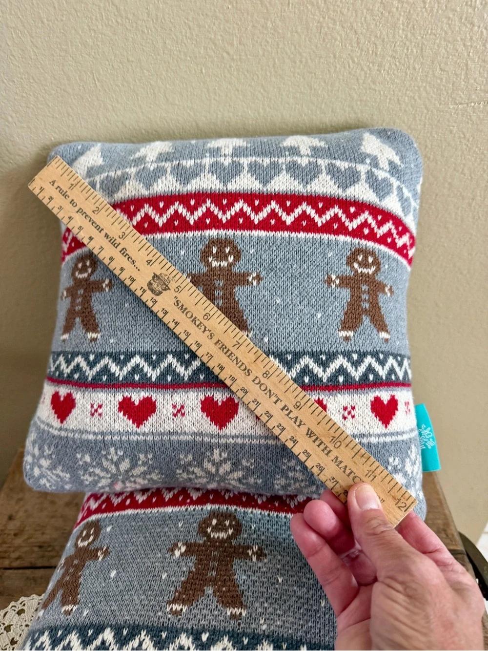 Holiday Gingerbread Knit Decorative Pillow - Gray and Red